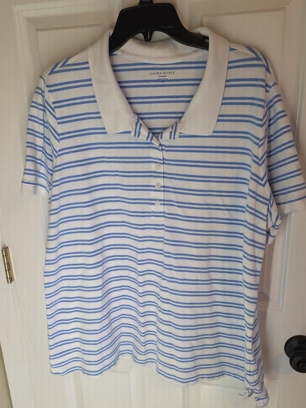 Laura Scott White and Light Blue Striped Polo Shirt